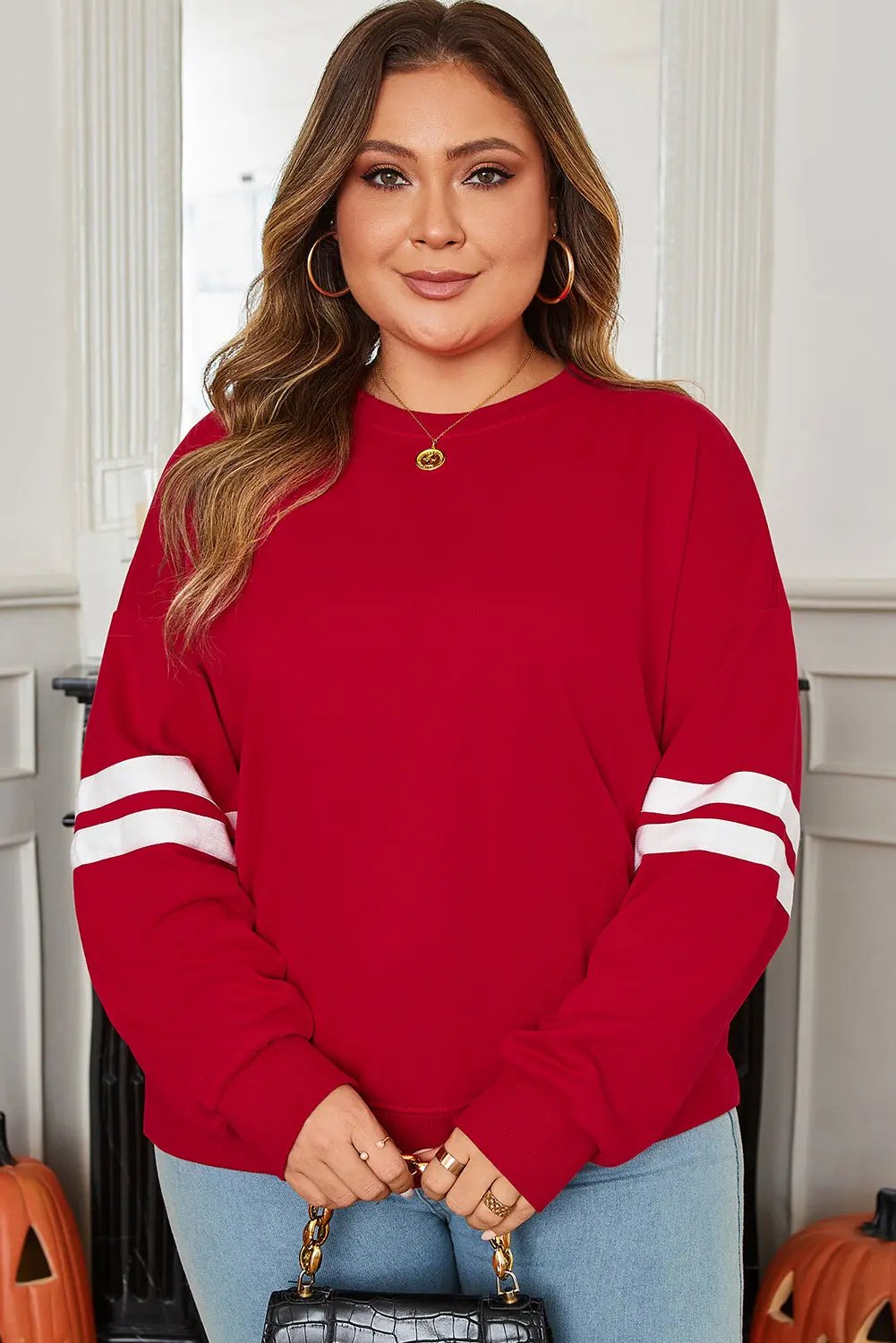 Fiery Red Varsity Striped Detail Crew Neck Plus Sweatshirt Dear-Lover Dropshipping